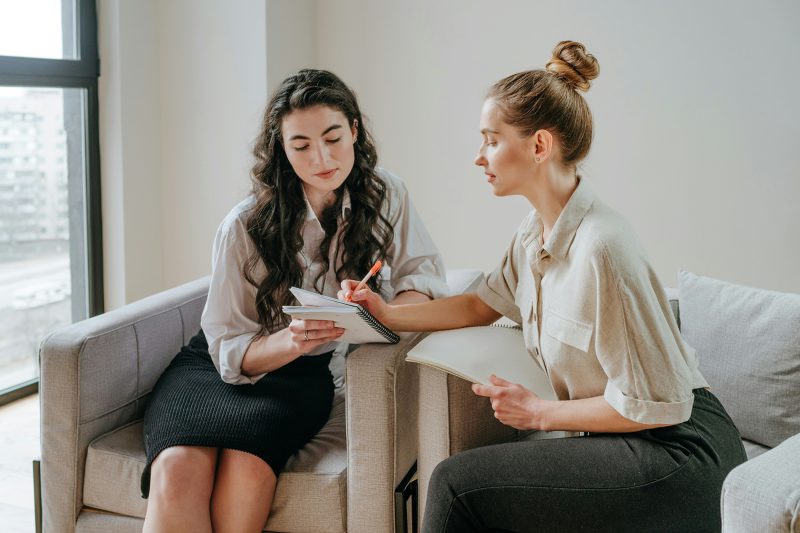 Duas profissionais sentadas em poltronas durante conversa de desenvolvimento, uma anota em caderno enquanto a outra fala